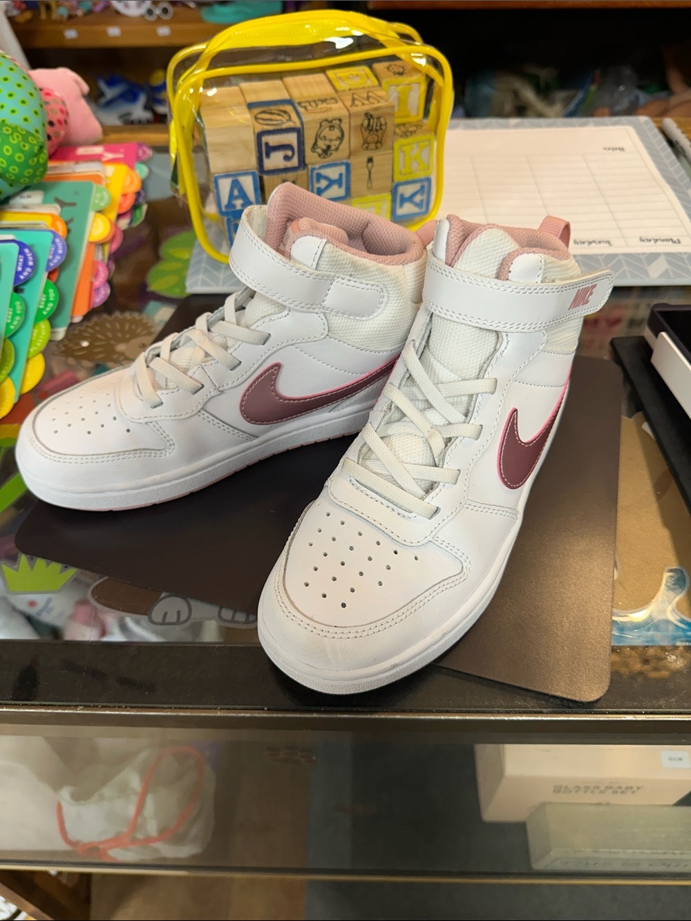 Nike Kids High-Top Sneakers - White with Mauve Swoosh